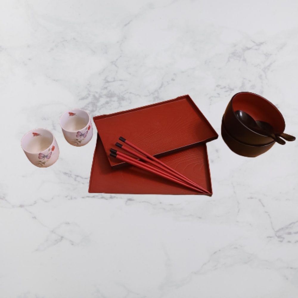 Melamine Sushi/Soup/Rice Set for 2 with Vintage Dew Tea Cups